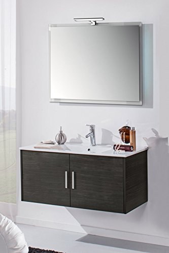 Yellowshop - Mobile Mobiletto da Bagno Sospeso in Legno Cm 100 A 2 Ante Completo di Specchiera Lampada Luce LED E Lavabo in Ceramica Modello Hawaii Varie Colorazioni (Lava)