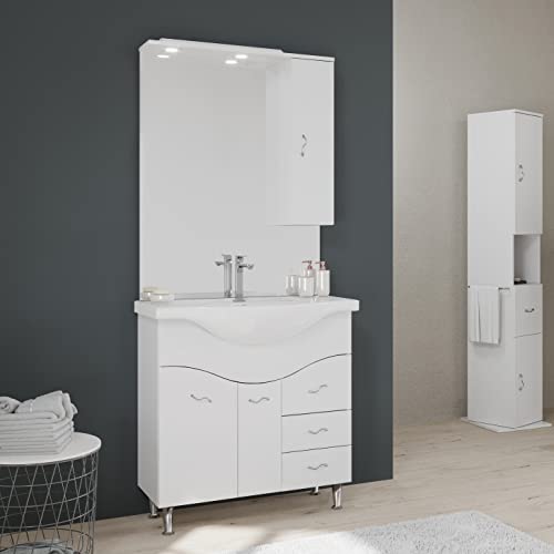 Kiamami Valentina Mobile Bagno 85CM A Terra con LAVABO Specchio E PENSILE Bianco | Easy