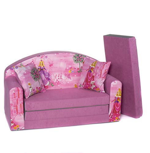 Divano divanetto bambini e cuscino e puff mini divano transformabile in lettino ((1SG) PINK PRINCESS)