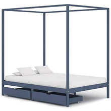 Tidyard Struttura Telaio Letto Giroletto Matrimoniale in Legno Massello di Pino Grugio con Cassetti e Baldacchino 140x200 cm,Letto con Cassetti,Letto con Tetto,Letto con Baldacchino