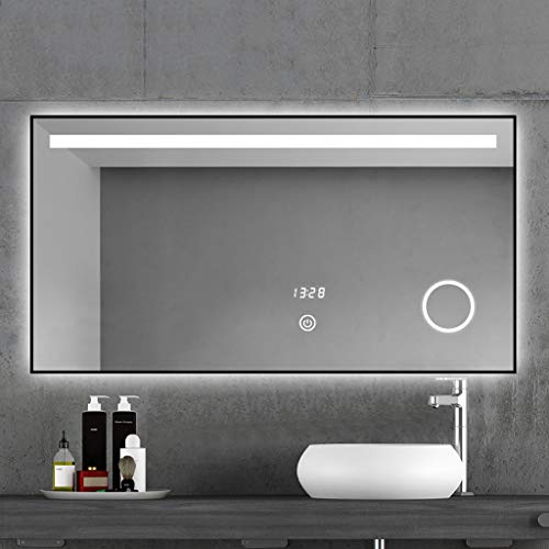 Smart LED Specchio da Bagno, Specchio Antiappannante A Parete Antideflagrante, Specchio Luminoso, Interruttore Singolo Continuo + Temperatura Temporale + Lente d'Ingrandimento + Antiappannamento