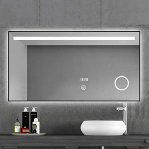 Smart LED Specchio da Bagno, Specchio Antiappannante A Parete Antideflagrante, Specchio Luminoso, Interruttore Singolo Continuo + Temperatura Temporale + Lente d'Ingrandimento + Antiappannamento