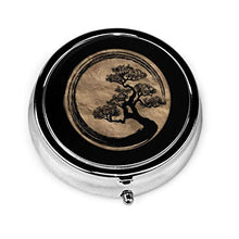 Enso Zen Circle and Bonsai Tree - Contenitore rotondo per pillole, 3 scomparti, in metallo, per medicina e vitamine, per viaggi all'aperto