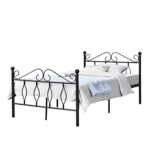 [en.casa] Struttura Letto in Metallo con Testiera e Pediera in Stile Romantico/Classico 120 x 200 cm Letto 1 Piazza e Mezza - Nero