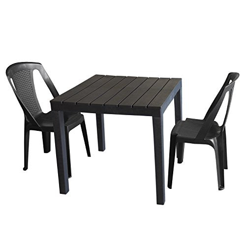 Heller – Mobili da giardino set tavolo da giardino in plastica, antracite, effetto legno, 78 x 78 cm + 2 X SEDIA IMPILABILE PROCIDA, Plastica Antracite, effetto rattan