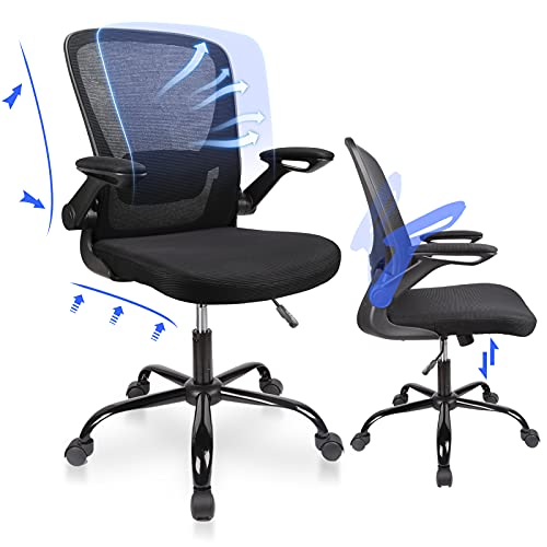 Komene - Sedia da ufficio ergonomica per casa, ufficio, in rete, con braccioli ribaltabili, supporto lombare, grande seduta, sedia da scrivania con ruote, 136 kg, schienale centrale (Nero)