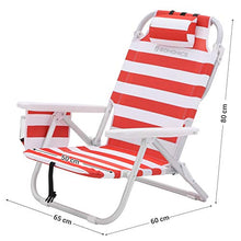 SONGMICS Sedia da Spiaggia Portatile, Alluminio, Tasca Termica e Cuscino, Spiaggina Pieghevole, Reclinabile, Leggera, Resistente, Sedia da Esterno, Righe Rosse e Bianche GCB63BU