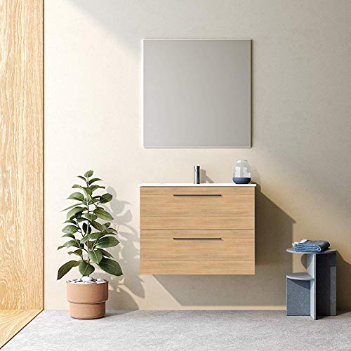 Mobili VARMA 80 cm | Finitura Rovere Hawaii | Maniglie Nere | 80 x 64 x 46 cm Mobile con 2 cassetti + lavabo in Ceramica