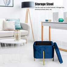 Sgabello Contenitore in flanella con vano portaoggetti e coperchio, Pouf Poggiapiedi Ottomano quadrata con robuste gambe in ferro, Portante 80 kg, per Camera da Letto Soggiorno, 37x37x42cm(Blu Scuro)