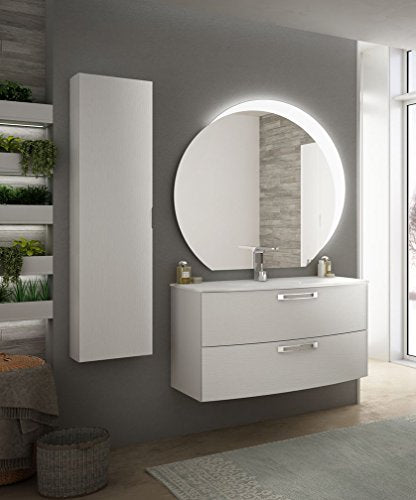 Mobile bagno sospeso moderno Comfort bianco, misura cm 100, con specchio led, lavabo e colonna