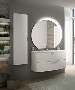Mobile bagno sospeso moderno Comfort bianco, misura cm 100, con specchio led, lavabo e colonna