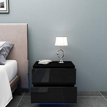 YOLEO Comodino Nero Lucido con LED (55x37x50 cm) / 2 Frontale Cassettiera in Truciolare - Illuminazione a LED - per Camera da Letto, Nero Brillante