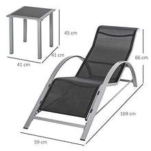 Outsunny Set 2 Sdraio da Giardino e Tavolino con Vetro, Lettino Prendisole con Tessuto Traspirante 59x169x66cm, Nero