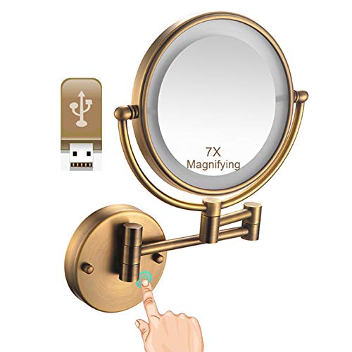 ZJBB Specchio Trucco con Luci da Parete, 360°Girevole Specchio Ingranditore con Luce 7X, Specchio Bagno Estensibile, Specchio da Barba Realizzato in Ottone, USB Ricaricabile