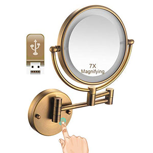 ZJBB Specchio Trucco con Luci da Parete, 360°Girevole Specchio Ingranditore con Luce 7X, Specchio Bagno Estensibile, Specchio da Barba Realizzato in Ottone, USB Ricaricabile