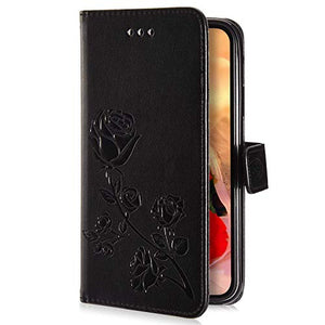 Robinsoni Cover Compatibile con Samsung Galaxy Grand Prime G530 Case Scintillare Glitters Lucido Portafoglio Libro Custodia Retro 3D Rosa Stampato Pelle PU Libretto Cover Foglio Flip Fiore Caso, Nero