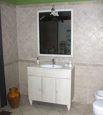 Mobile Bagno a Terra Ines decapè cm 90 con Specchio, Applique e lavabo