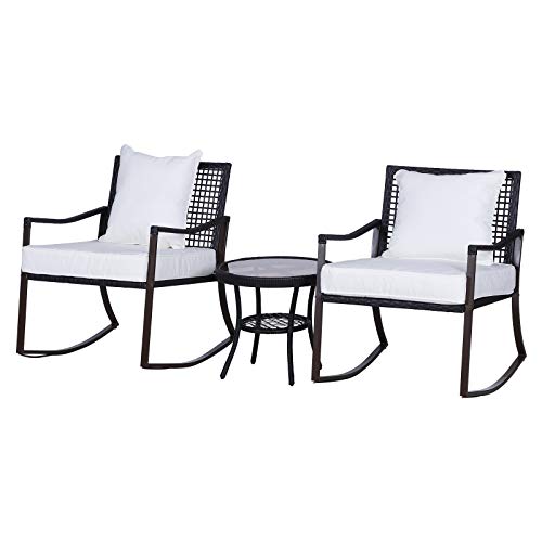 Outsunny Set 2 Sedie a Dondolo da Giardino con Tavolino con Cuscini Esterno Rattan Marrone