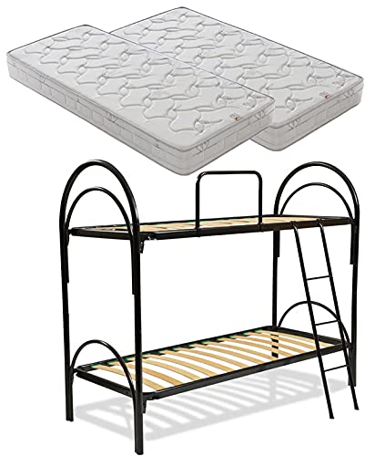 SARDAMATERASSI Letto a castello nero scomponibile + 2 reti a doghe misura 80x190 + 2 materassi memory 20 cm