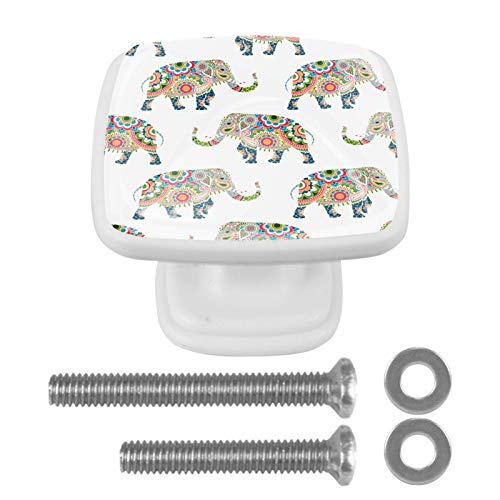 Set di 4 maniglie rotonde per armadio da cucina, credenza, cassettiera, cassettiera, con viti, per cucina, comò, armadietto, bagno, guardaroba, stile boho africano elefante sfondo bianco