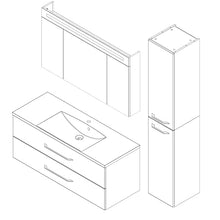 FACKELMANN B.Clever - Set di mobili da bagno, 3 pezzi, 120-150 cm, in frassino con lavabo in marmo, con armadietto a specchio a LED