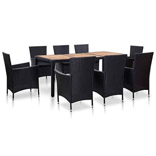 SKM Set da Pranzo da Giardino 9 pz con Cuscini in Polyrattan Nero (79kg)