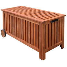 Cassapanca da giardino con ruote, in legno, con rivestimento impermeabile, 118 x 52 x 58 cm