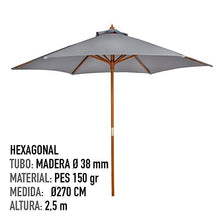 AKTIVE 53861 - Ombrellone Esagonale Diametro 270 cm - Telaio di Legno 38 mm - Colore Grigio