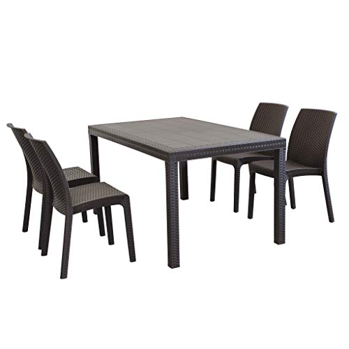 MilaniHome Set Tavolo da Giardino Rettangolare Fisso Cm 150 X 90 con 4 Sedie in Wicker Stampato Marrone da Esterno Giardino
