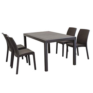 MilaniHome Set Tavolo da Giardino Rettangolare Fisso Cm 150 X 90 con 4 Sedie in Wicker Stampato Marrone da Esterno Giardino