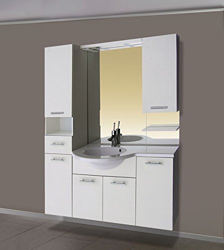 Set di mobili Atrium 135, bianco, mobiletto sottolavello, specchio, lavandino, armadio alto