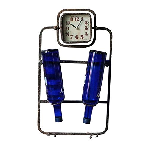 NJYT Wine Rack Vintage Parete Supporto for 2 Bottiglie Free Standing Metallo con Orologio da Parete Vintage ripiano Rack a Parete Porta Cube Bottiglia Parete di Disegno della Decorazione