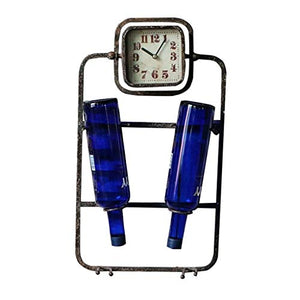 NJYT Wine Rack Vintage Parete Supporto for 2 Bottiglie Free Standing Metallo con Orologio da Parete Vintage ripiano Rack a Parete Porta Cube Bottiglia Parete di Disegno della Decorazione