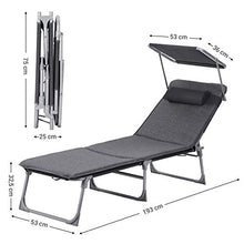 SONGMICS Lettino Prendisole, Sdraio Pieghevole, Materassino di 3 cm, Poggiatesta Parasole Schienale Regolabile, 53 x 193 x 29,5 cm, Max Portata 150 kg, Giardino Balcone Terrazzo, Grigio Scuro GCB19UM