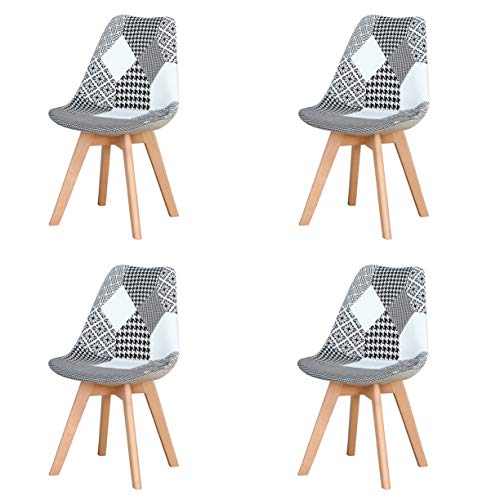 Sedia da pranzo ergonomica semplice cotone lino patchwork legno massello spugna cuscino per cucina soggiorno salotto ufficio set di 4 (nero, 4)