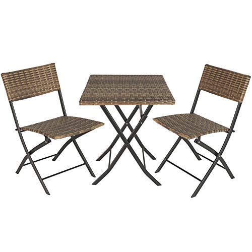 TecTake 800700 Set di Mobili in Rattan, 2 Sedie 1 Tavolo, Ripiegabile, con Protezione dai Raggi UV, Giardino Terrazza Balcone - Disponibile in Diversi Colori (Naturale | No. 403715)