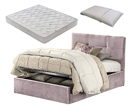 SARDAMATERASSI Letto 1 piazza e mezza con box contenitore PINK rosa velluto + materasso piazza e mezza 120x190 memory foam+ guanciale in memory saponetta sfoderabile