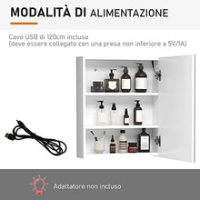 homcom Armadietto Pensile da Bagno con 1 Anta, Specchio e Luci a LED | 2 Ripiani Interni | MDF Bianco (60 x 50 x 15cm)