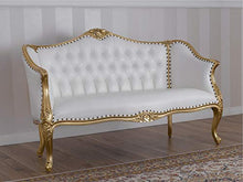 SIMONE GUARRACINO LUXURY DESIGN Divano Megan Stile Barocco Francese Foglia Oro Ecopelle Bianca Bottoni Crystal SW