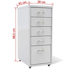 Cassettiere in Acciaio per Ufficio, Mobile, Comodino, Armadietto con 5 Cassetti, 4 rotelle, 28 x 41 x 68,5 cm
