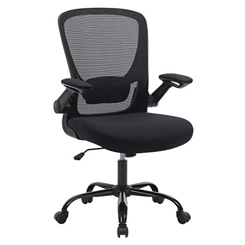 SONGMICS Sedia da Ufficio con Braccioli Pieghevoli, Sedia da Scrivania in Rete, Poltrona per Computer Ergonomica, Girevole a 360°, Supporto Lombare Regolabile, Salvaspazio, Nero OBN37BK