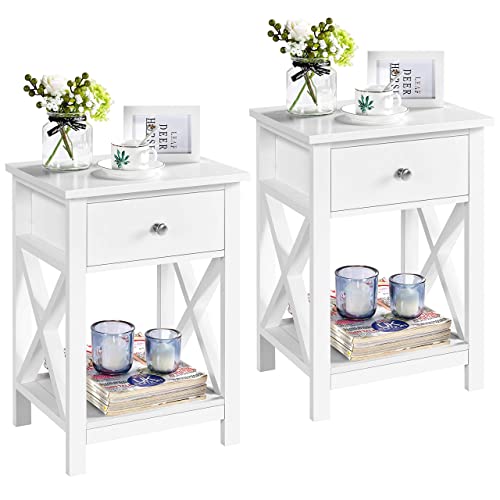 Yaheetech Set 2 Comodini Camera da Letto Bianco Comodino con Cassetto 55 x 40 x 30 cm Tavolino Lato da Divano Stile Shabby Chic Mobiletto da Salotto