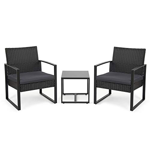 IntimaTe WM Heart Set di mobili da Giardino in Poly Rattan, Due sedie e Un Tavolo, Sedia ergonomica in Vimini con Cuscino, Set di Tavolo e sedie da Giardino, Nero (in 3 Pezzi)