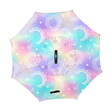 LENNEL Dreamy Sun Moon Reverse pieghevole ombrello invertito maniglia a forma di C doppio strato design antivento con strisce riflettenti di sicurezza notturna