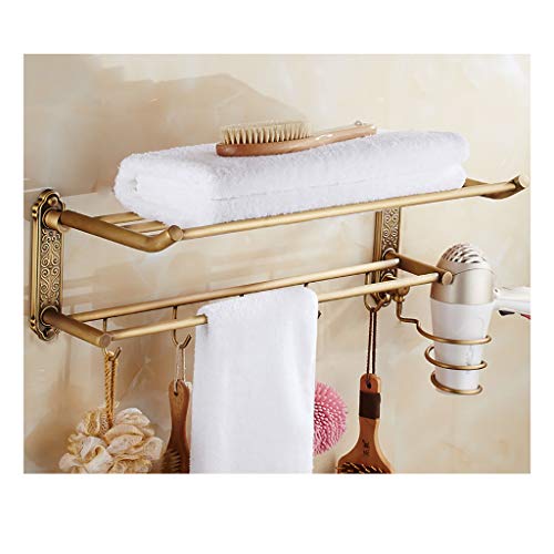 Portasciugamani da parete Portasciugamani Pieghevole In Rame Antico Con Porta Asciugacapelli ， Porta Asciugamani Da Bagno In Bronzo Verde Con Mensola E Ganci, Mensola Da Bagno Multifunziona(Size:51cm)