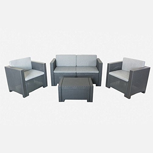 GrecoShop Divano con Poltrone e Tavolino/Salotto/Salottino in Polyrattan per Esterno/Arredo Giardino - MOD. Antracite (cod.:4040)