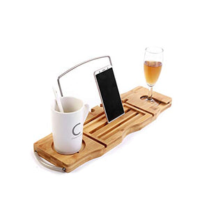 Supporto per Vasca da Bagno, Porta Cellulare in bambù per Vasca Piatto iPad Supporto Vasca Retrattile in Acciaio Inox Supporto per Tazza Vino Rosso, Adatto per Il Bagno di Casa, 45-85cm Retrattile