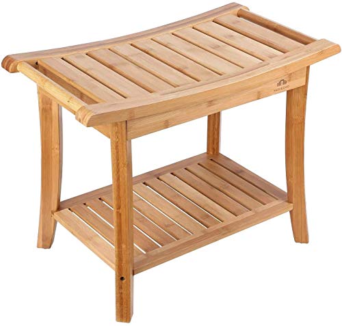 LINGZHIGAN Legno Doccia Sgabello di bambù Bagno Doccia Sede di banco feci con 2-Tier Bagagli Scaffale con 2 Maniglie for Interni ed Esterni Antiscivolo Impermeabile