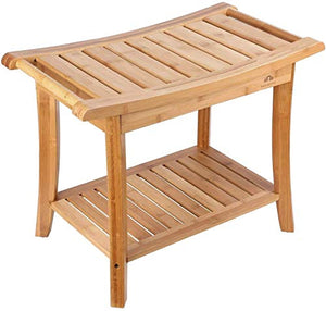 LINGZHIGAN Legno Doccia Sgabello di bambù Bagno Doccia Sede di banco feci con 2-Tier Bagagli Scaffale con 2 Maniglie for Interni ed Esterni Antiscivolo Impermeabile
