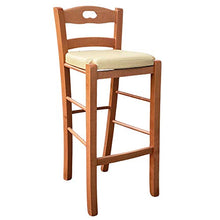 Sgabello legno ciliegio con seduta beige ecopelle alto 67 cm con mano spalliera